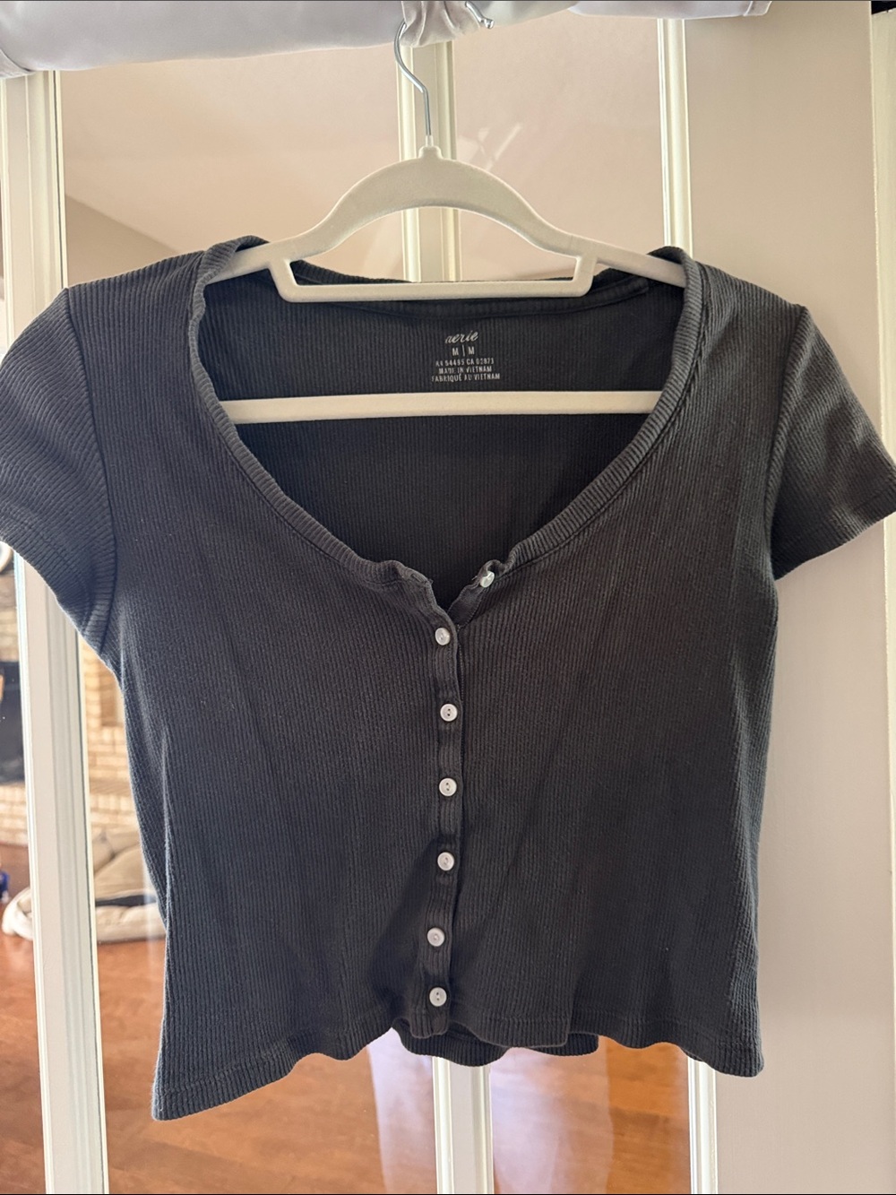 aerie Charcoal Ribbed Button-Front Cropped Tee